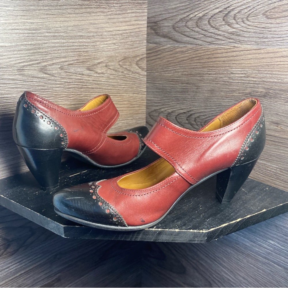 Fidji fidji red black strap leather heels vintage pumps - Picture 5 of 6